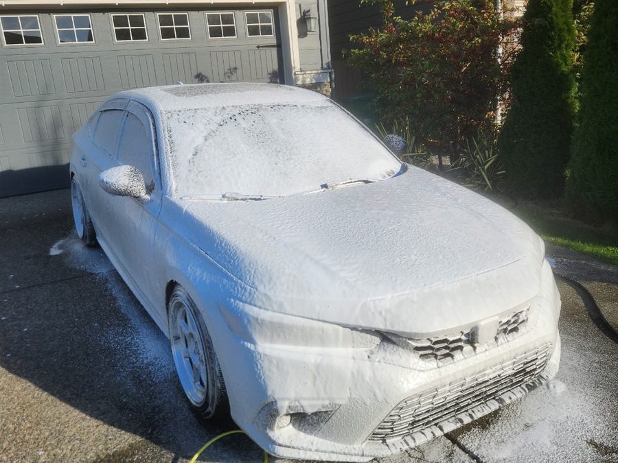 Vehicle covered in foam cannon soap during ElichAuto exterior wash